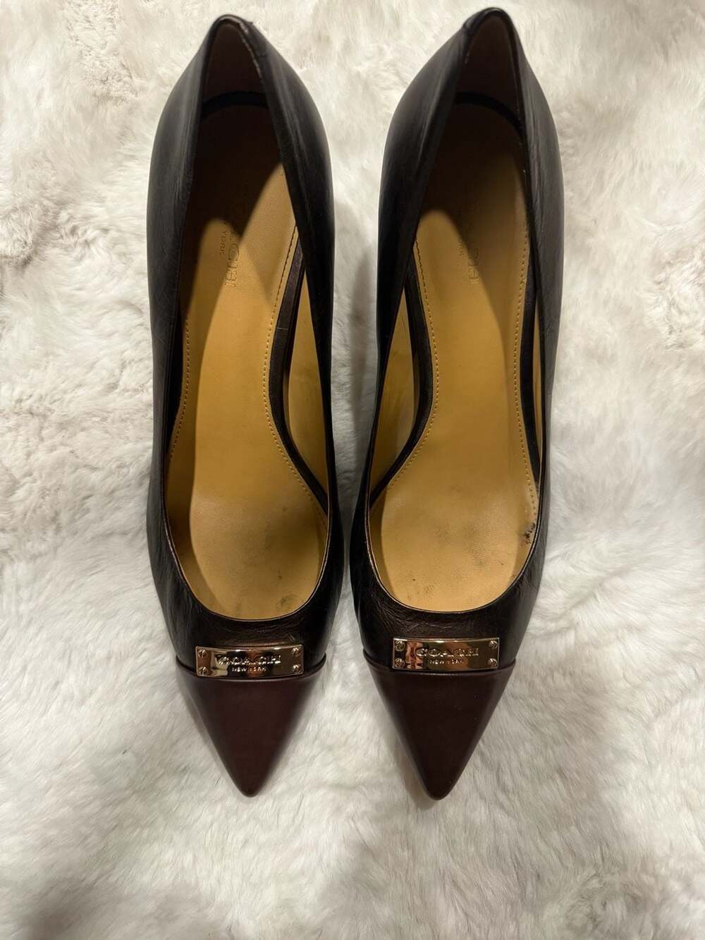 Coach Metallic Brown Pointed-Toe Cap-Toe Pumps with Logo Plaque - Picture 5 of 8